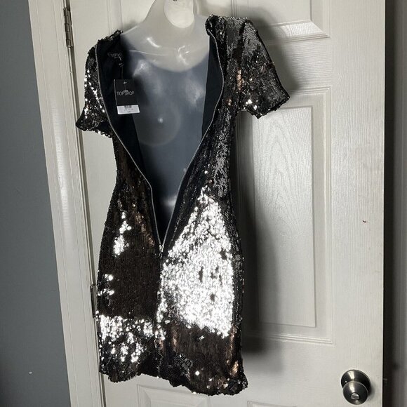 NWT TOPSHOP sequin Mini Party Dress Short sleeve Bronze Silver Metallic Size 2 - Picture 13 of 14